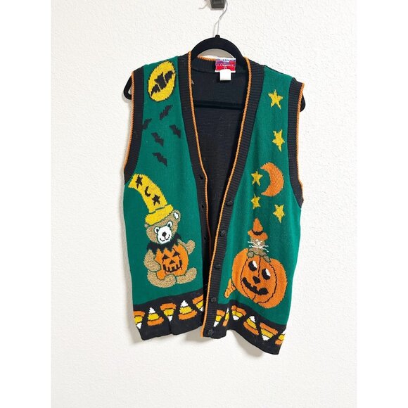 J.J. Poole Sweater Vest Teddy Jack O Lantern Vintage USA Made Halloween Medium - Picture 2 of 5